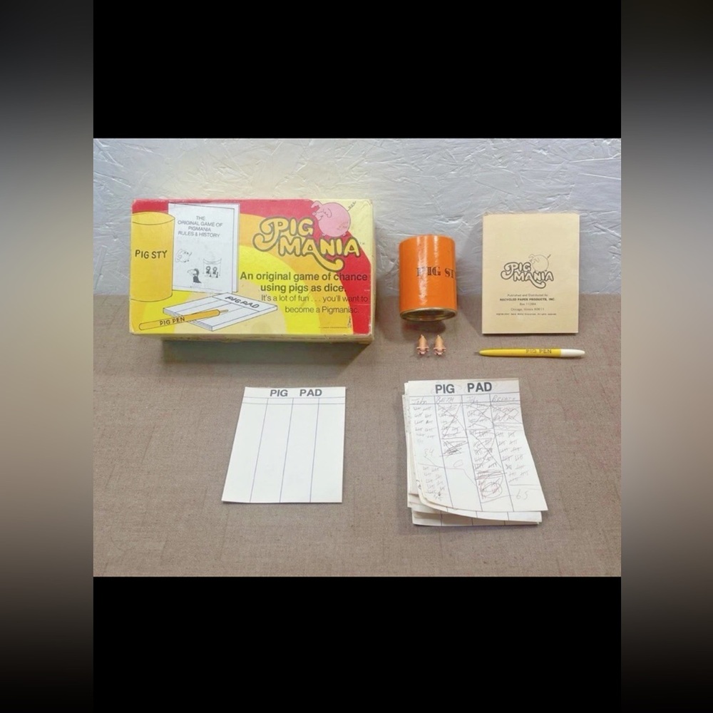 Vintage 1977 Pig Mania Game w/ Instructions, Pig Pen, Pig Cup, Pig Pad, & 2 Pigs